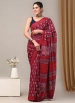 Cotton Maroon Casual Wear Printed Saree